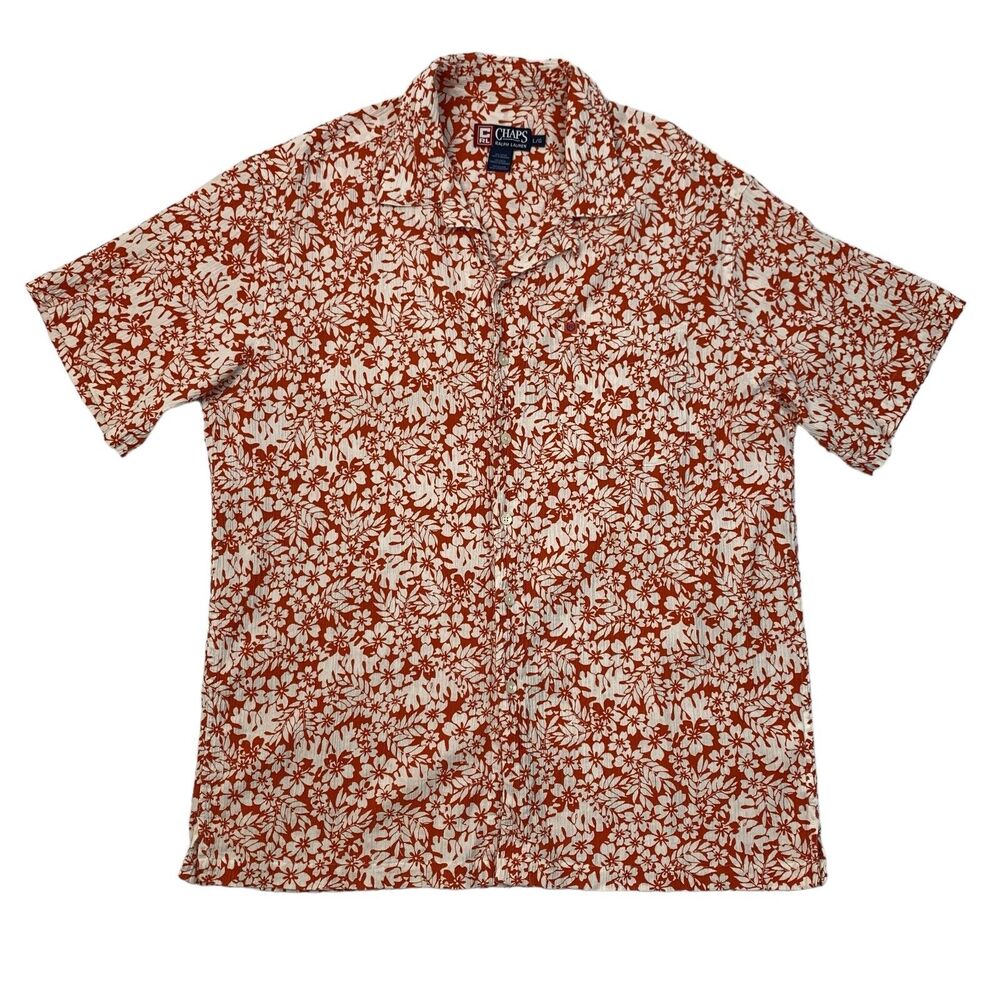 Vintage Chaps Ralph Lauren Shirt Mens L Large Red Floral Hawaiian Short Sleeve
